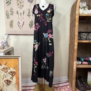 Johnny Was Floral Embroidered Jessi Knit VNeck Maxi Dress Boho Hippie Coastal XS